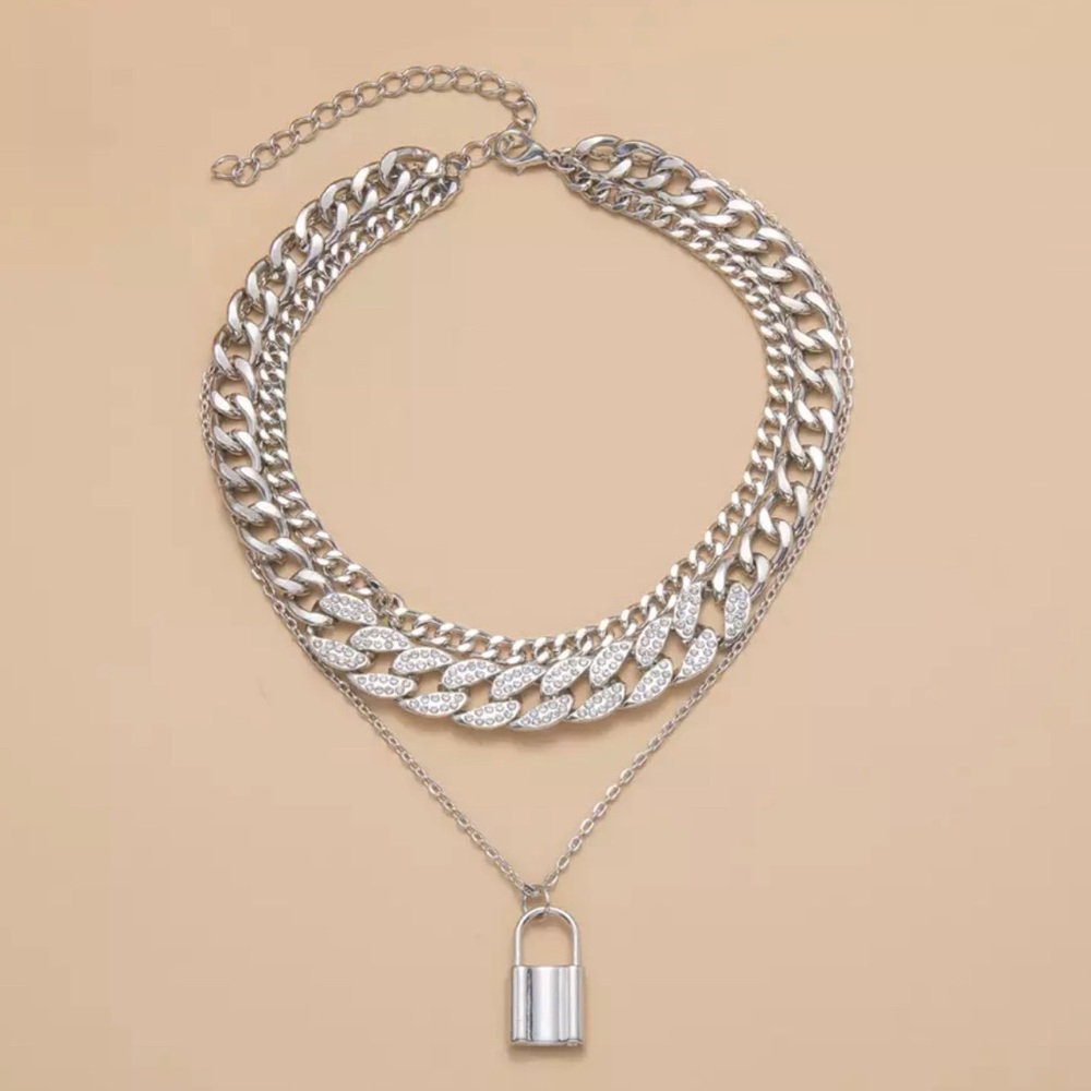 Silver Unisex Multilayer Padlock Chain Necklace - Picture 3 of 6